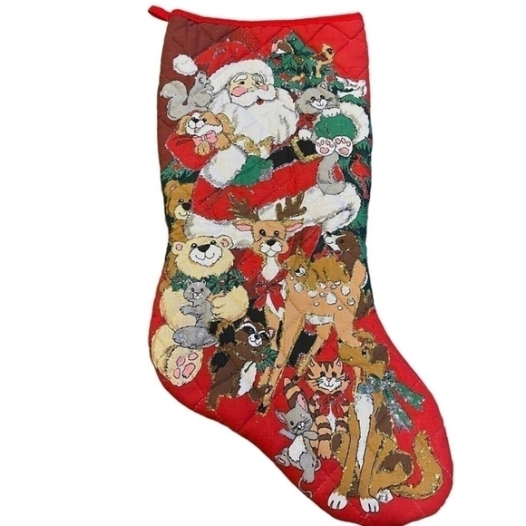Vintage Quilted Christmas Stocking Santa Clause Reindeer Animals Cat Dog Collect - Picture 1 of 13